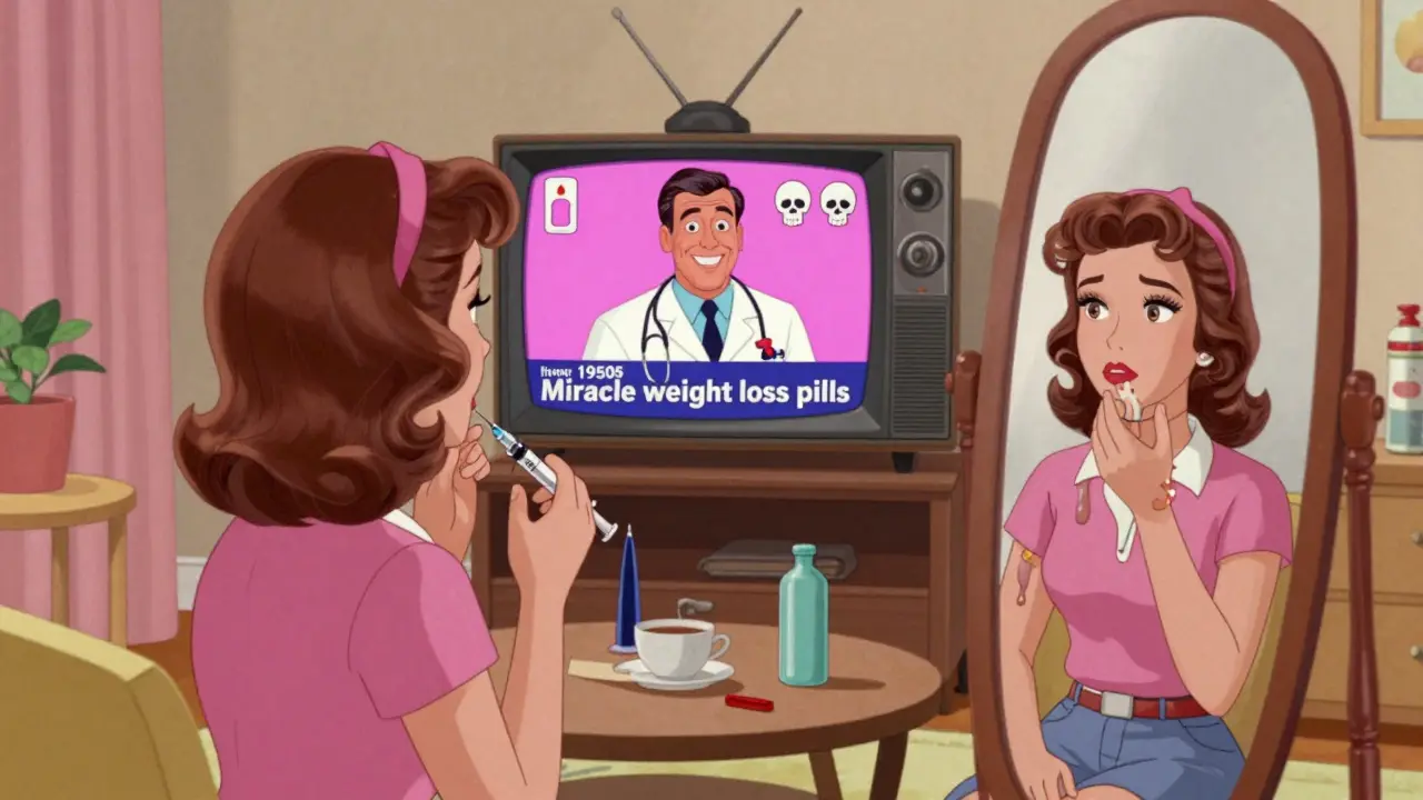 A woman injecting fake Botox while her reflection shows facial paralysis, with a deceptive ad on TV.