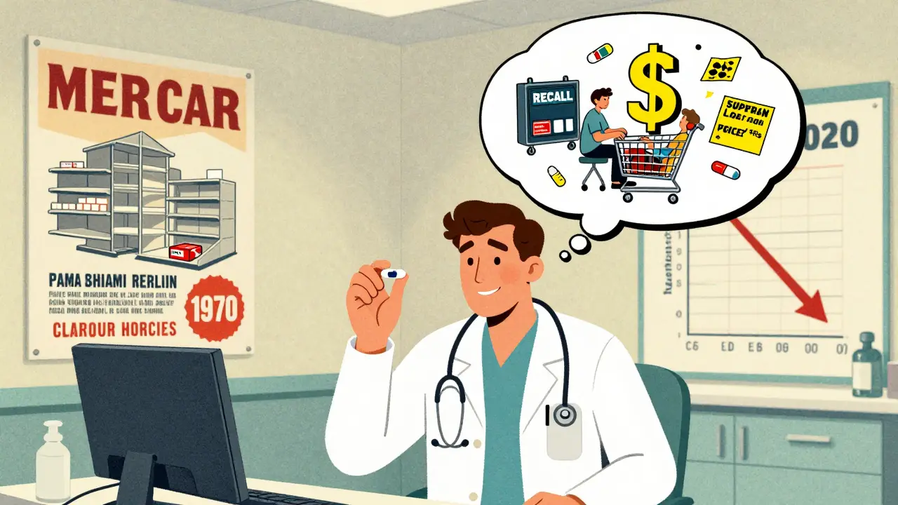 An American doctor comparing branded and generic pills with a thought bubble showing supply chain chaos.