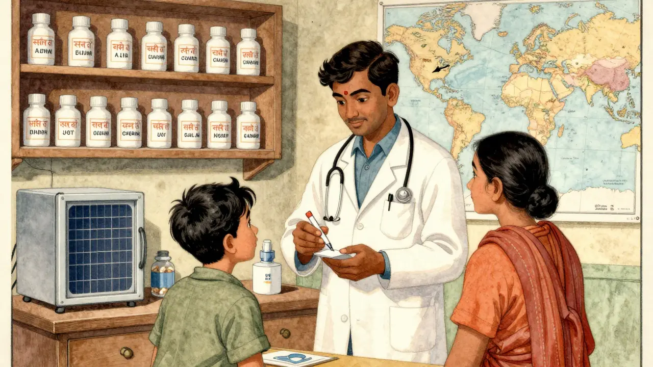 An Indian doctor prescribing generic insulin in a rural clinic with global supply arrows on the wall.