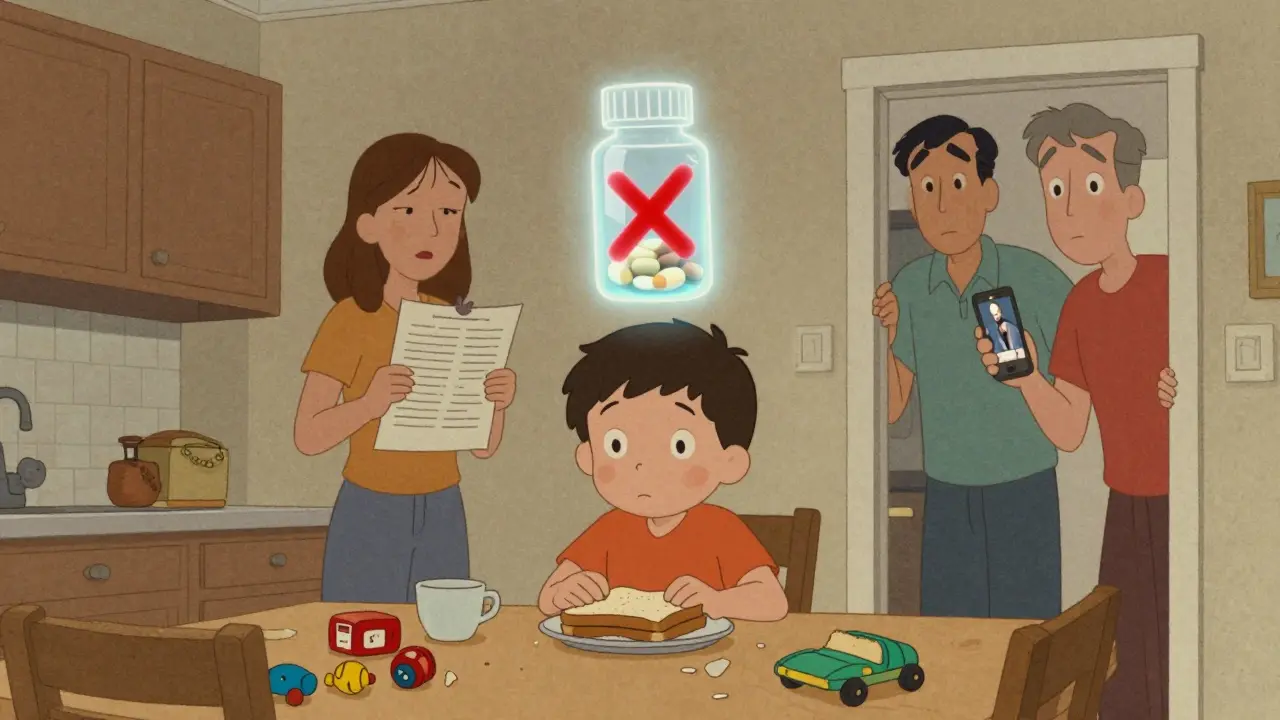 Child at kitchen table during summer break with floating X over ADHD pill, parents watching worriedly.