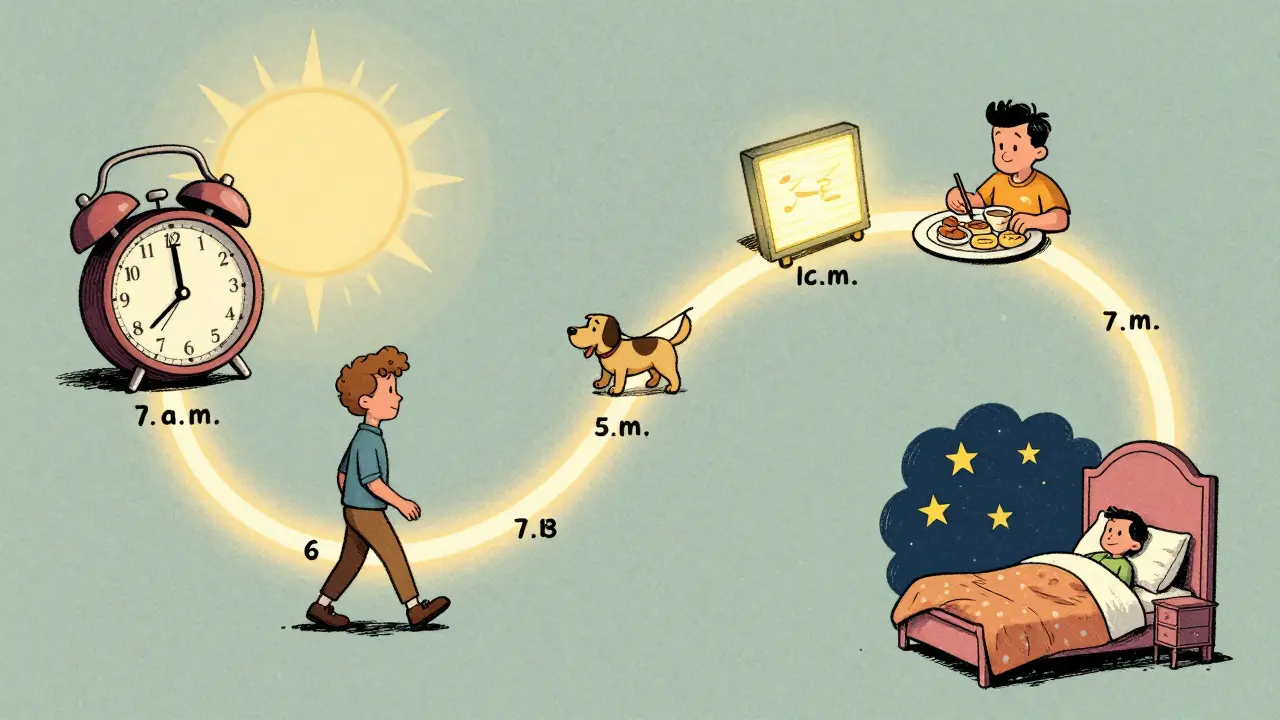 Circular daily routine timeline with light, walk, and rest moments in golden rays