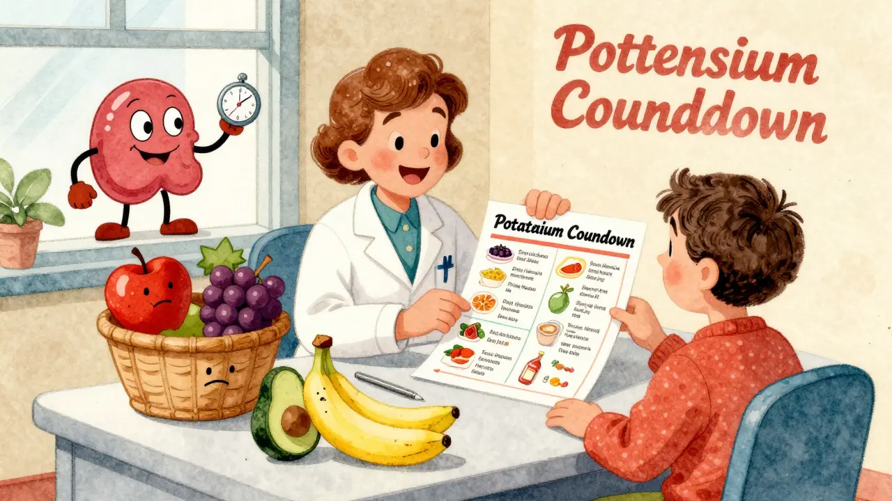 Dietitian and patient reviewing a colorful food chart with smiling low-potassium fruits and frowning high-potassium ones.