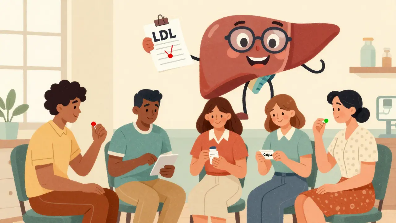 Diverse patients in a clinic with a friendly liver icon showing cholesterol levels dropping.