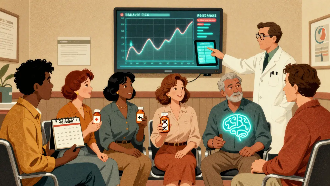 Diverse patients in clinic with pill bottles and digital displays showing personalized medication windows.