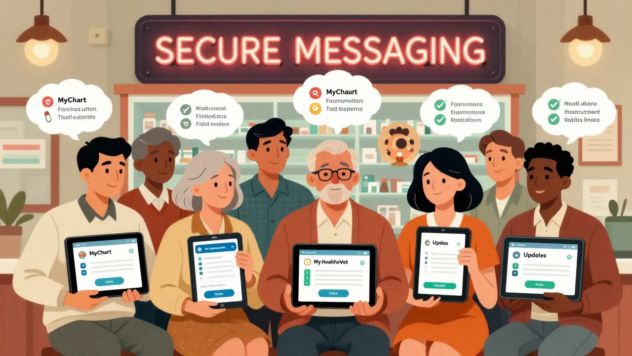 Diverse patients using secure messaging platforms with AI suggestions and pharmacy backdrop.
