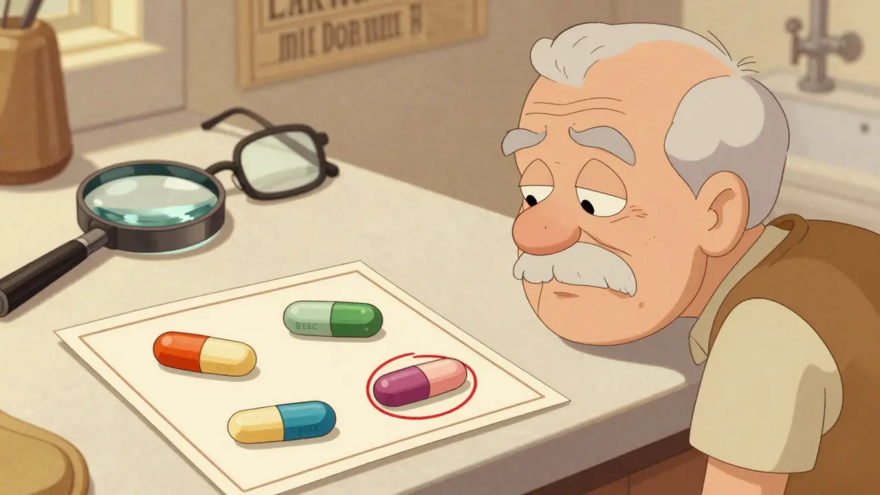 Elderly man examines multiple differently shaped pills on a counter with a large-print picture guide for clarity.