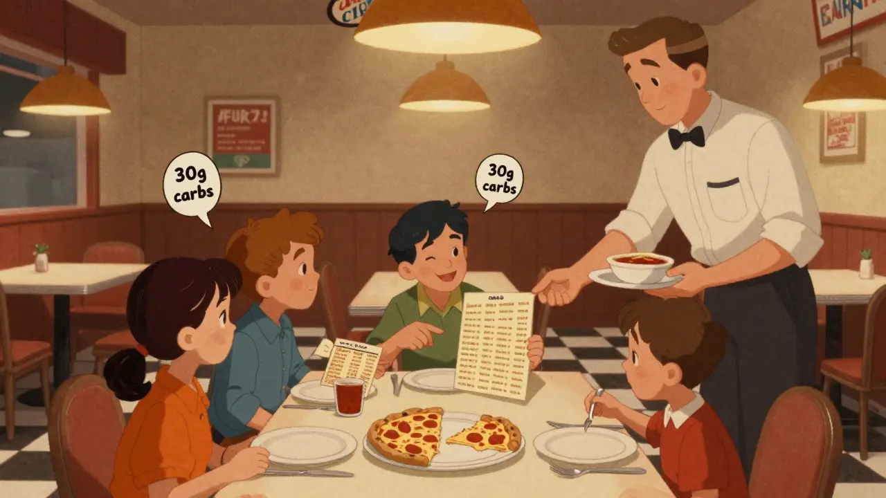 Family eating at restaurant with pizza labeled 30g carbs and sauce on side