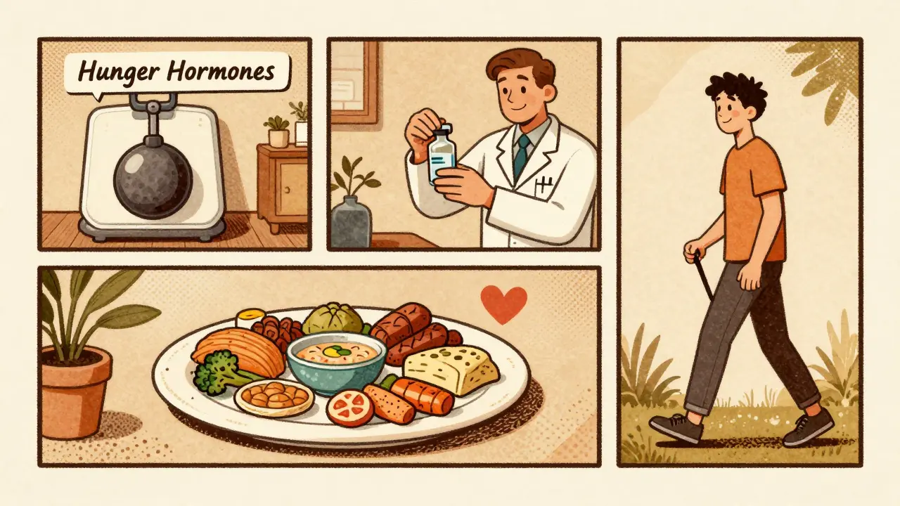 Four-panel comic showing patient's journey from hunger to health in vintage style