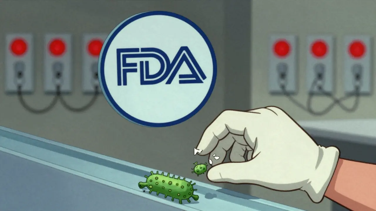 Gloved hand with tear leaking bacteria into vial, sensors blinking red, FDA seal watching sadly