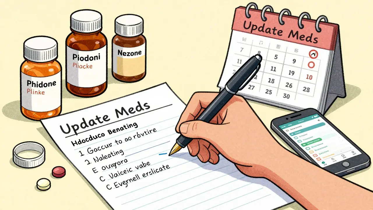 Hand writing a detailed medication list with pill bottles and a smartphone nearby.