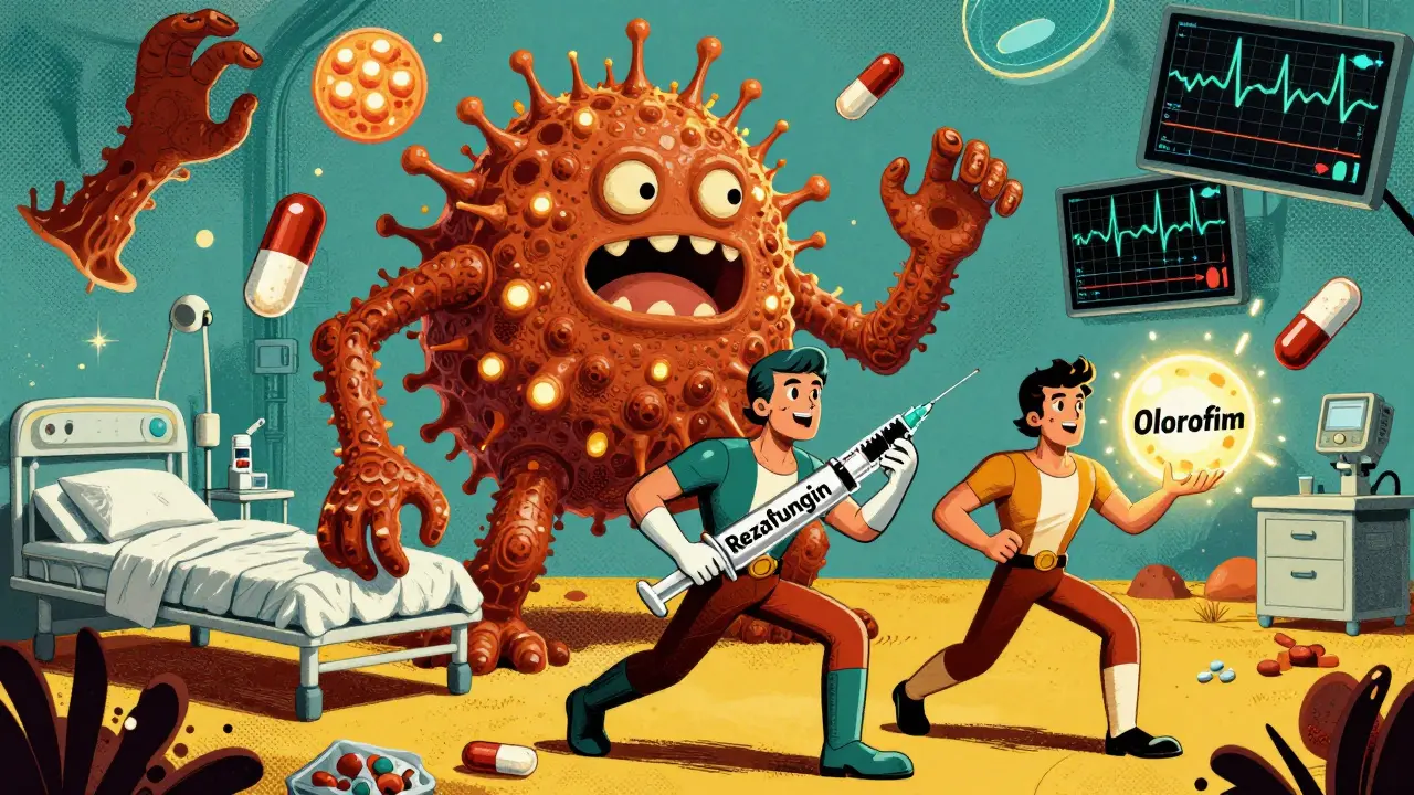 Heroic antifungal figures battling a drug-resistant yeast monster in a futuristic hospital scene.