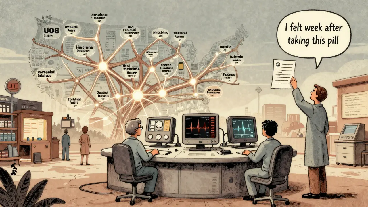 Neon-lit medical network with data pulses and a patient reporting side effects, in faded retro illustration style.