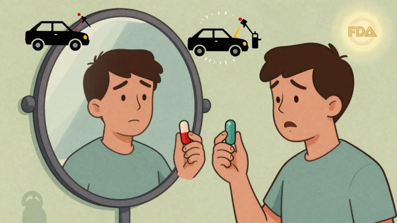 Patient holding different pills before a mirror, with car metaphor icons and FDA seal above