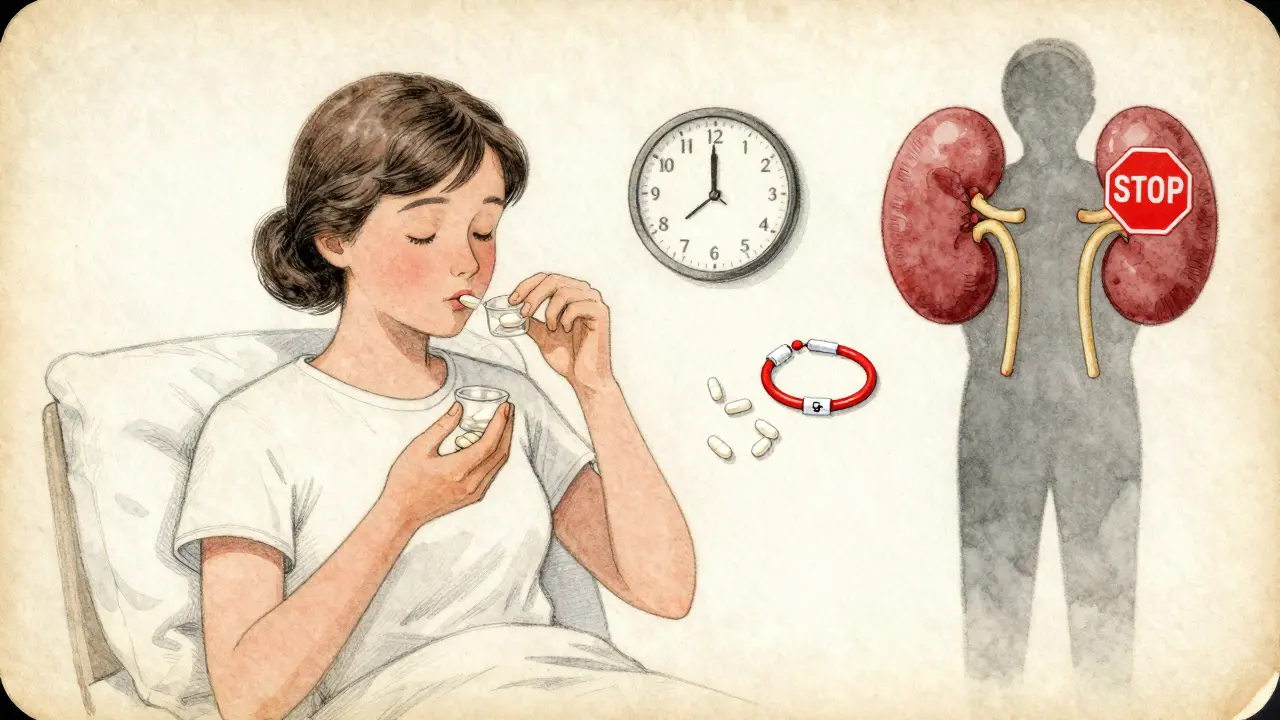 Patient taking multiple calcium doses throughout the day with magnesium tablets and medical alert bracelet.