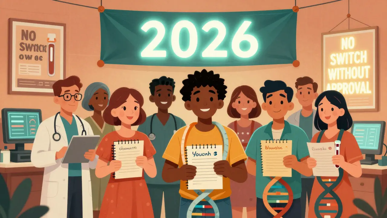 Patients holding diaries and genetic tests under a 2026 banner, with DNA strands forming safety nets.