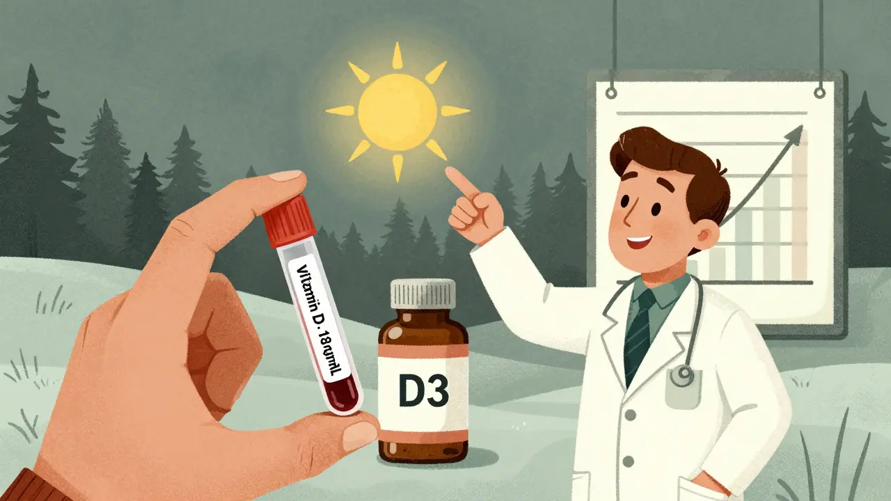 Person holding vitamin D test vial with doctor pointing to healthy levels chart
