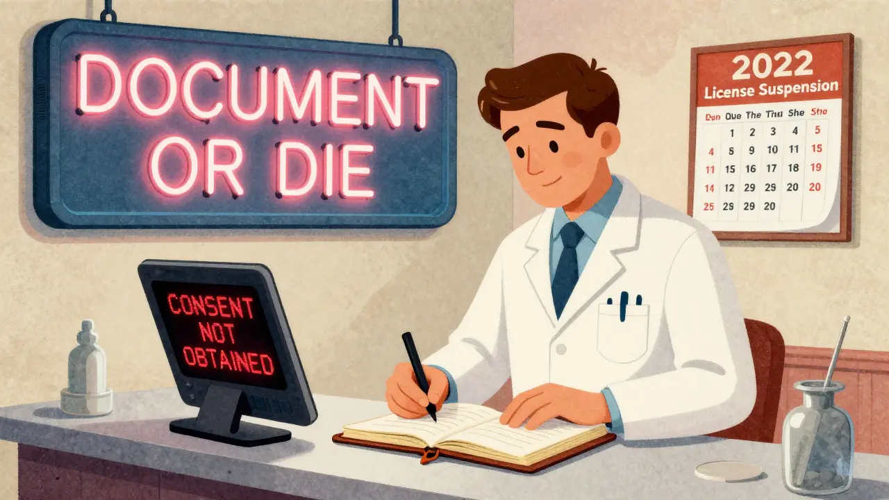 Pharmacist documenting substitution in logbook while system alerts 'Consent Not Obtained'