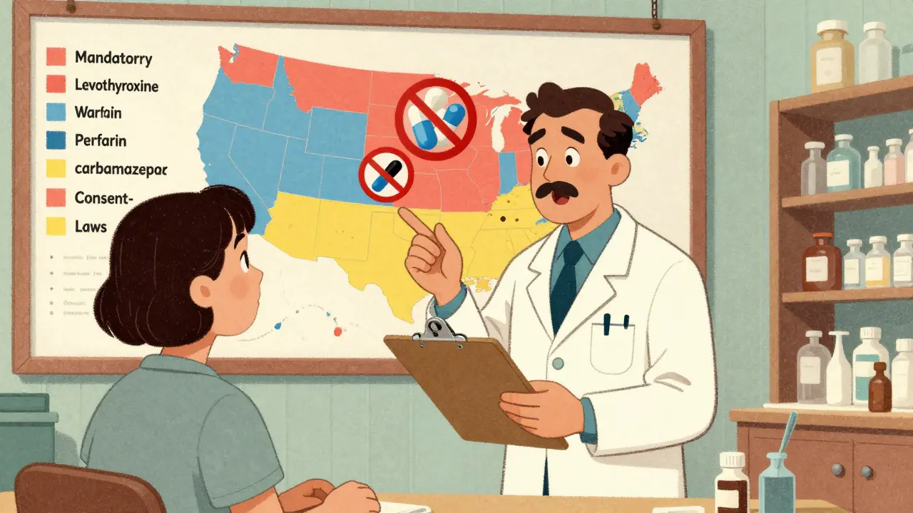 Pharmacist explaining generic substitution to patient, state law map and restricted drugs in background
