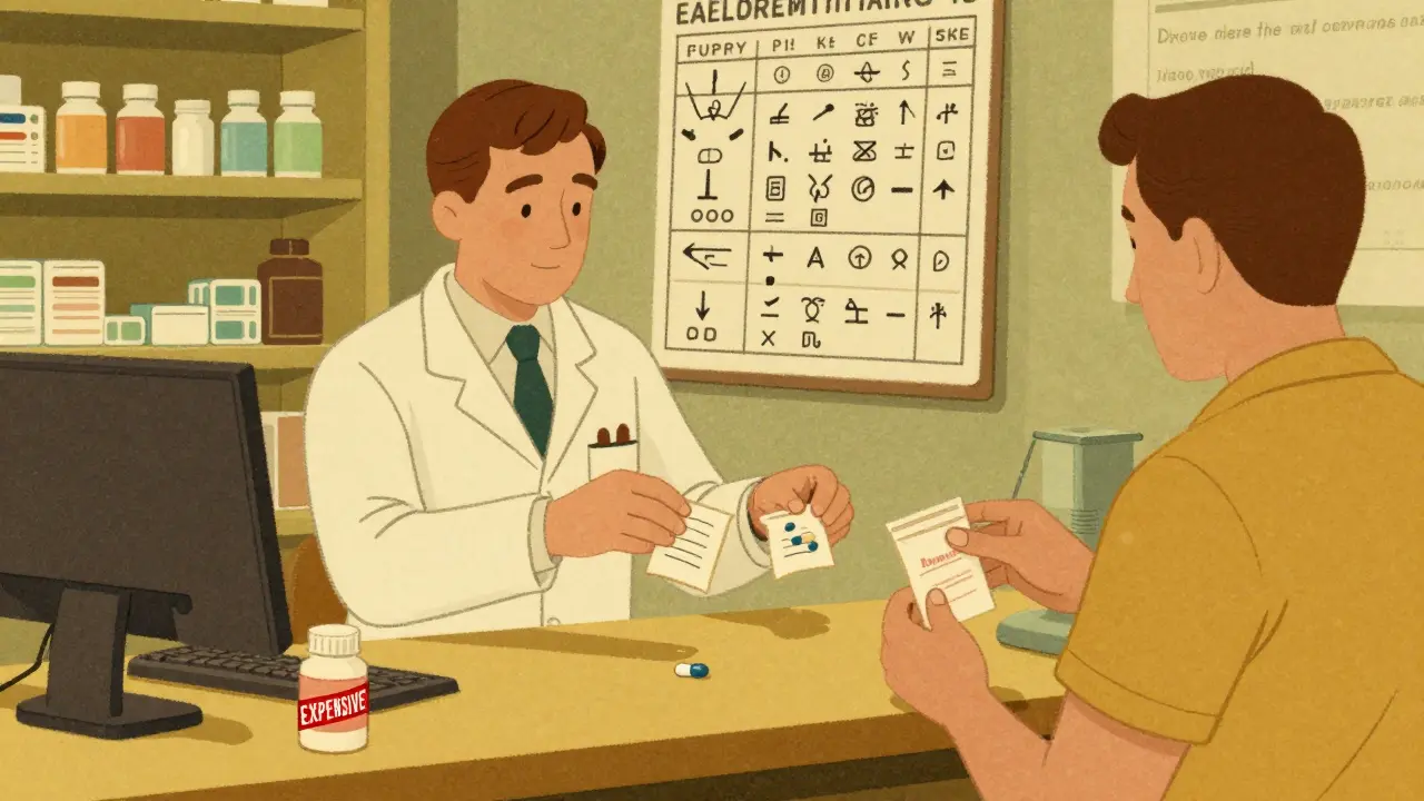 Pharmacist giving two cheap generic pills in bags while a costly combo pill sits ignored on the counter.