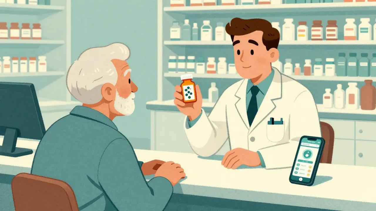 Pharmacist shows senior a visual guide of pill changes at the pharmacy counter, with a smartphone app visible.