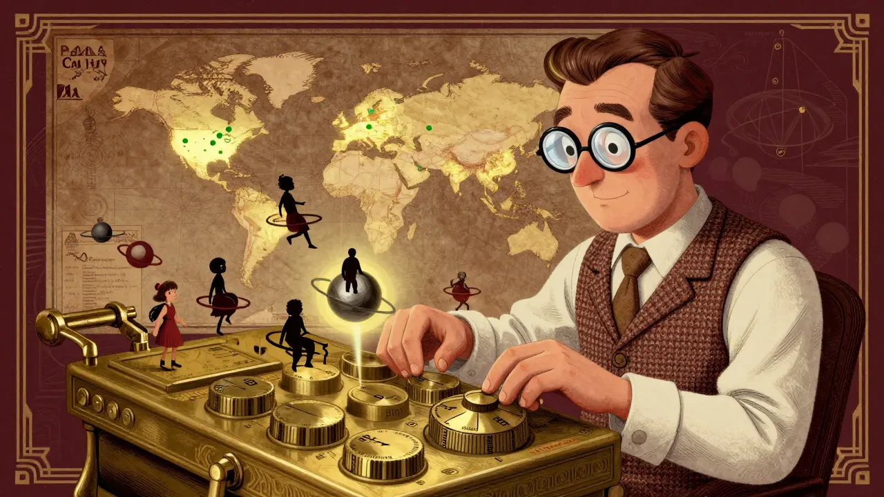 Pharmacometrician using a brass calculator to balance patient data around a drug molecule, with global approval map in background.