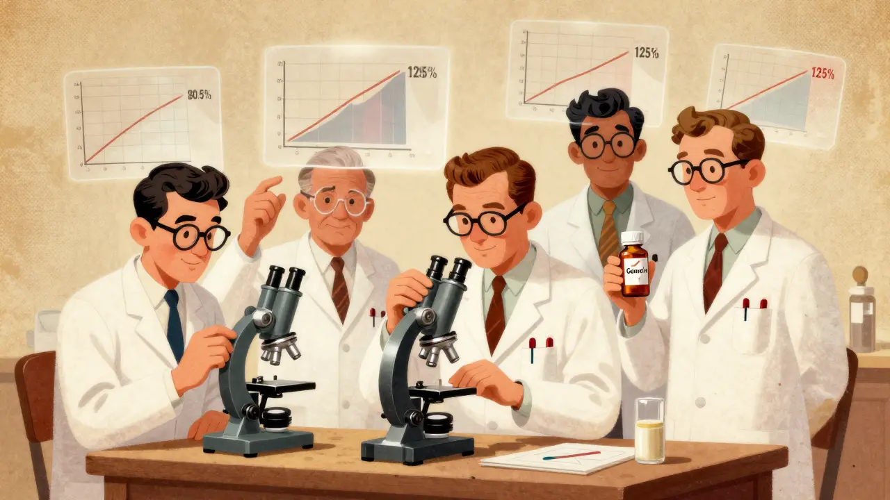 Researchers analyzing blood samples with floating bioequivalence graphs in 1960s-style lab setting