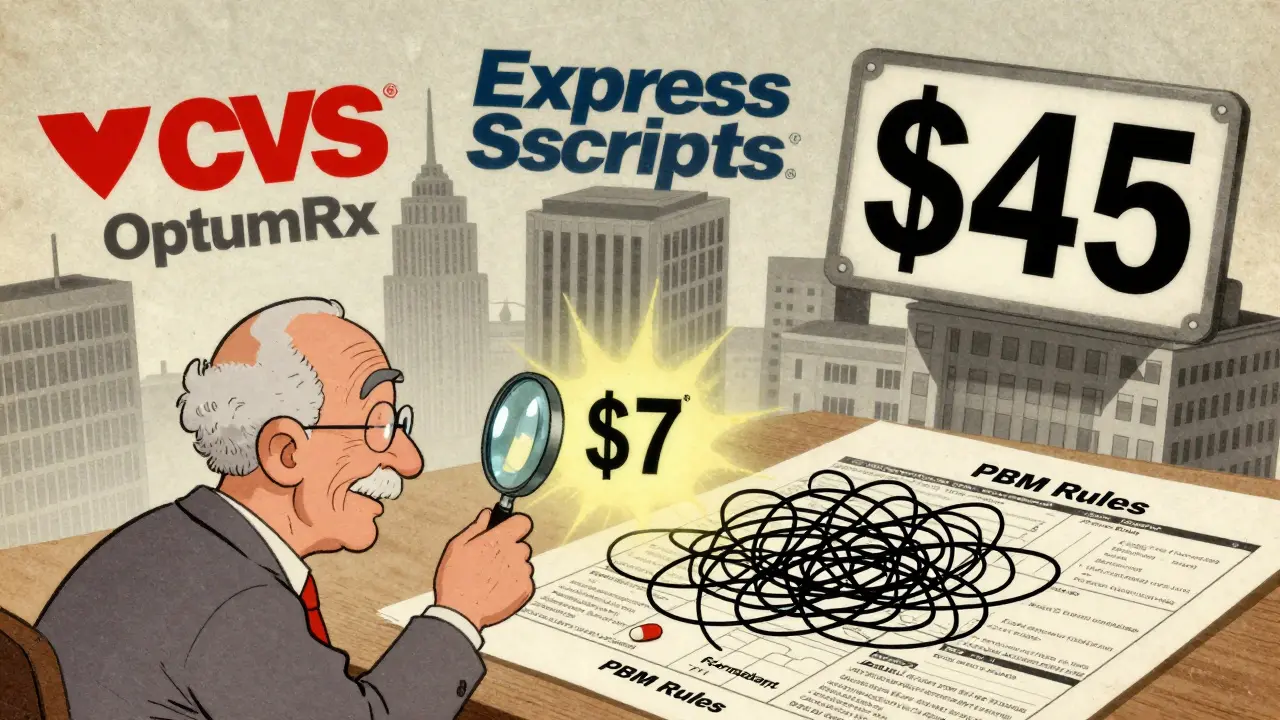 Senior examining complex insurance rules with corporate PBM logos towering above, holding a low-cost generic combo pill.