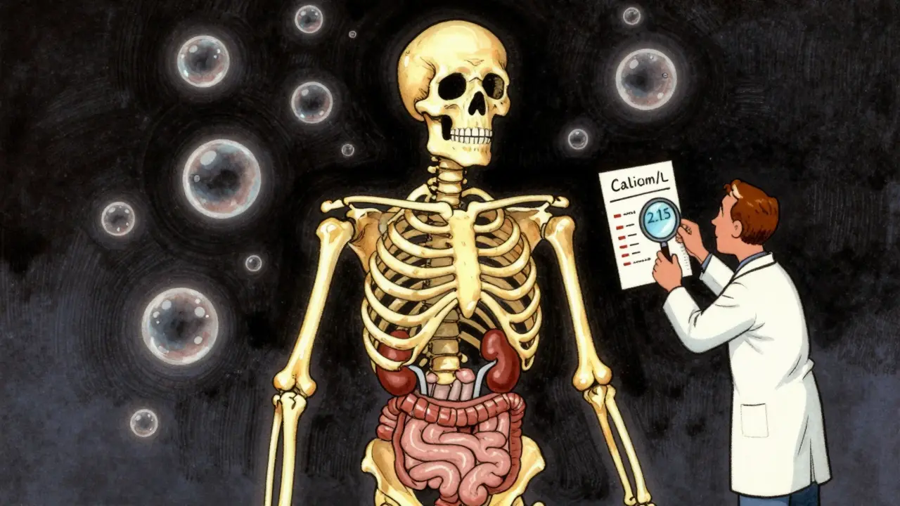 Skeleton with glowing calcium pathways and rising phosphate bubbles, symbolizing hormonal imbalance.