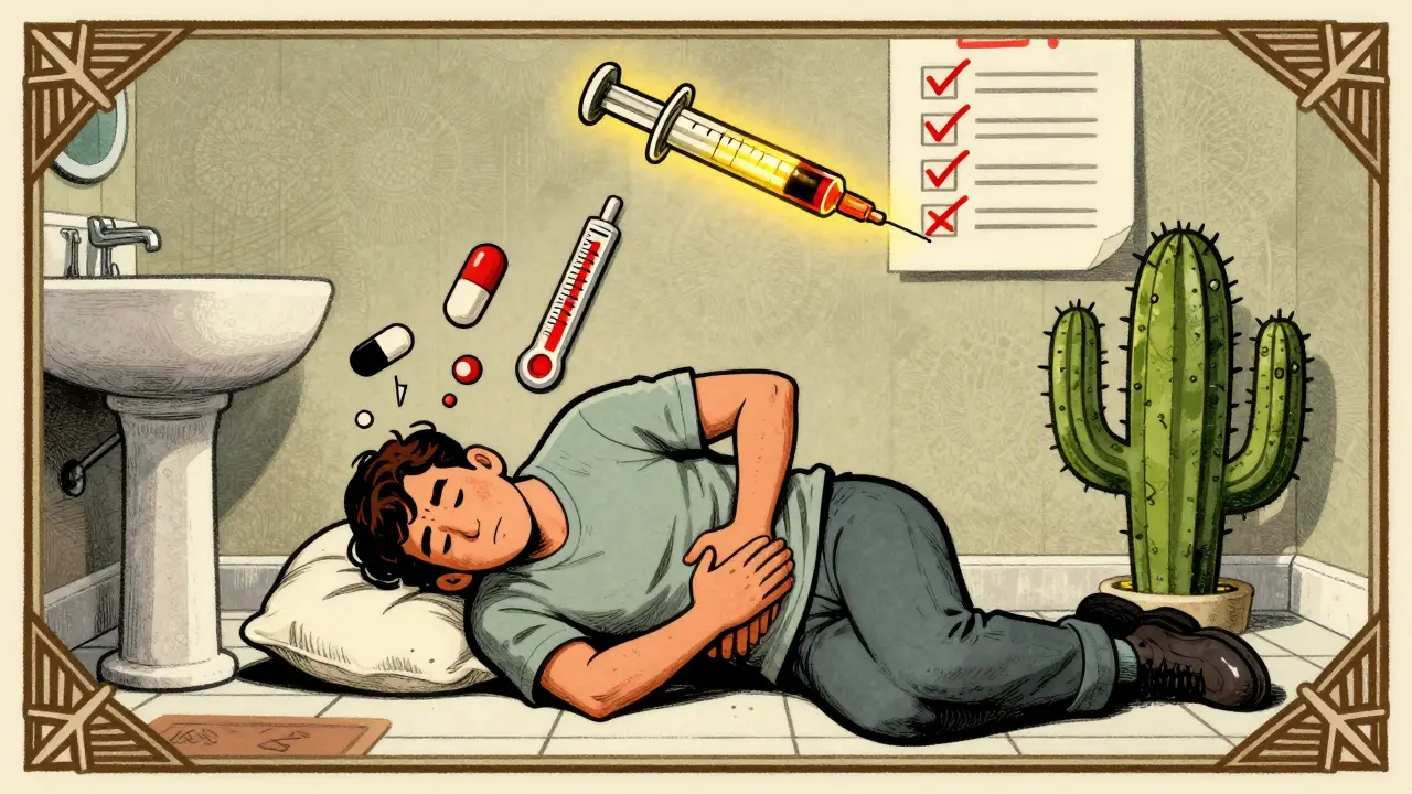 Someone ill on bathroom floor with warning symbols and insulin as a lifeline