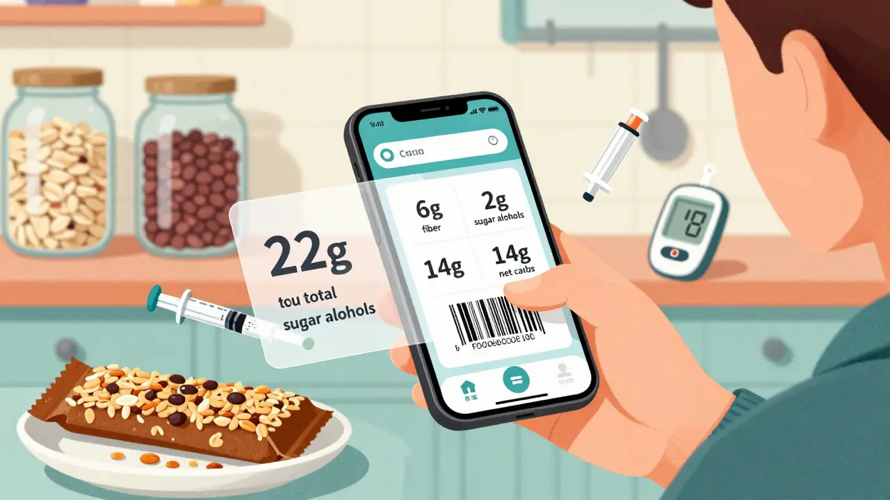 Someone scanning a granola bar with carb calculation overlay on phone