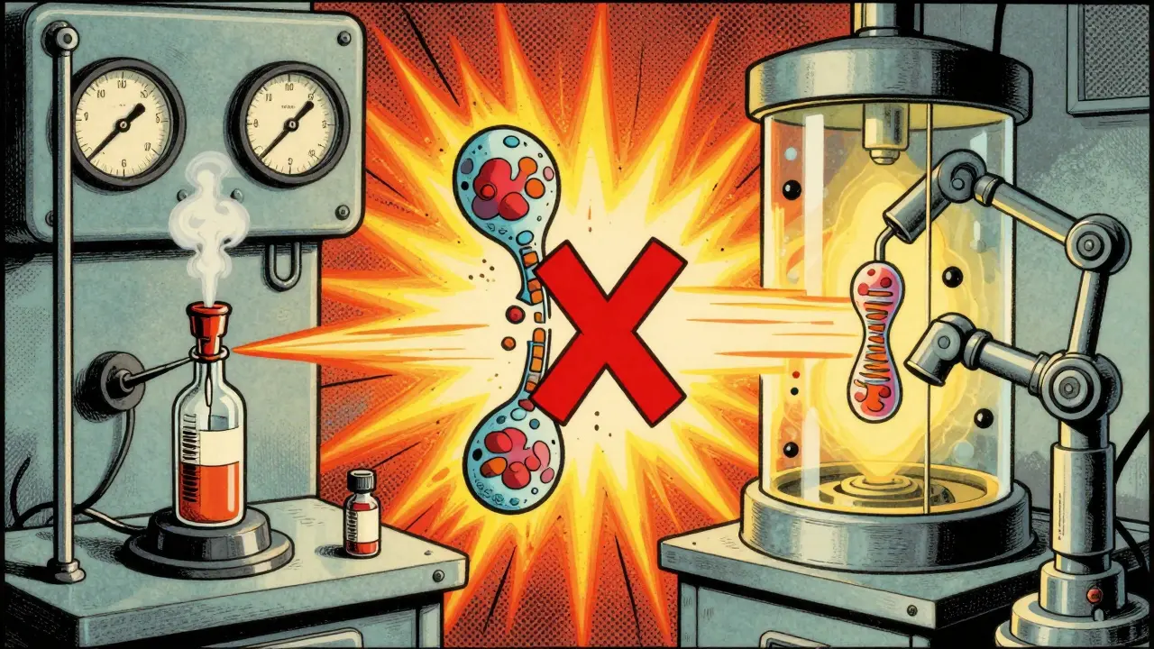 Split scene: steam sterilization failing vs. robotic aseptic filling in vintage sci-fi style