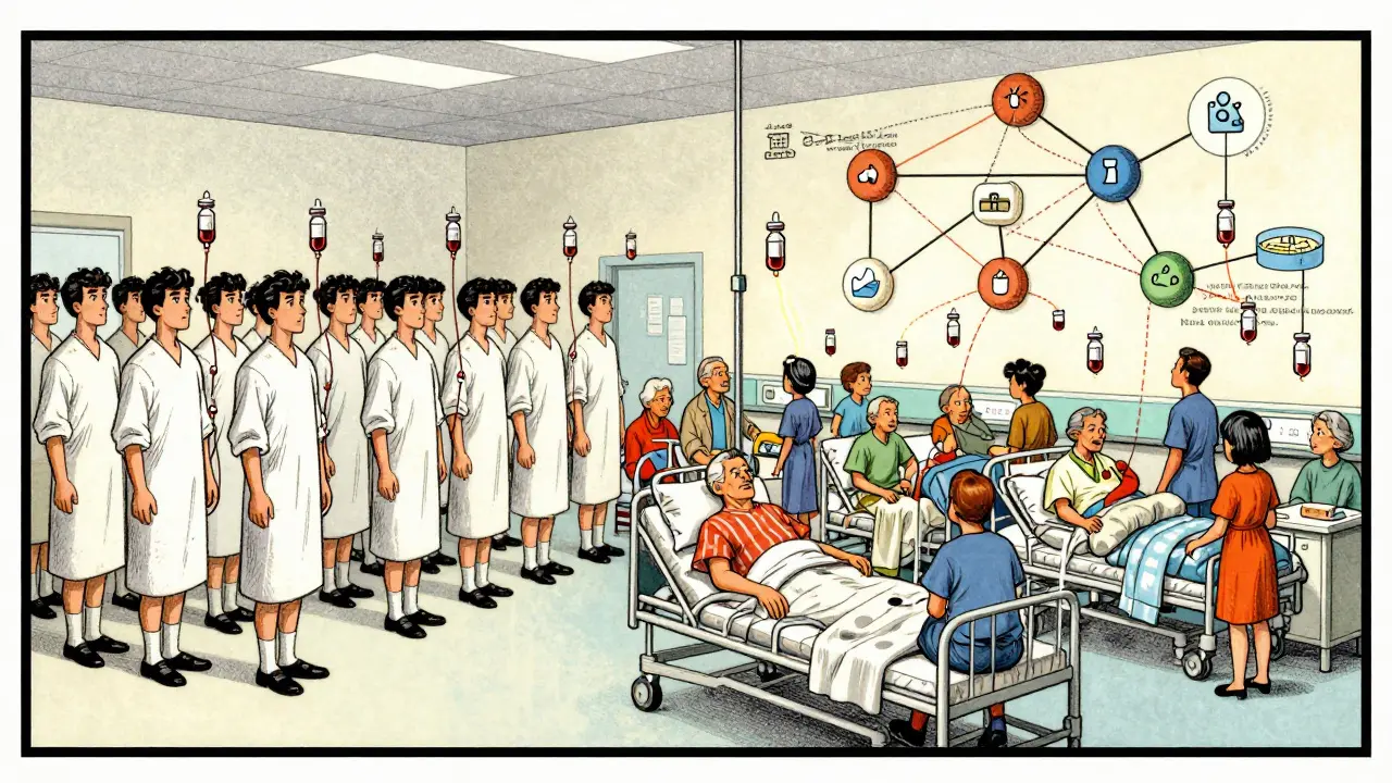 Split scene: sterile bioequivalence clinic vs. real-world hospital with scattered blood samples and model diagram.