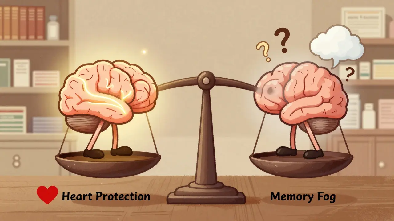 Two brain icons on a balance scale: one healthy, one foggy, representing heart protection vs. memory concerns.
