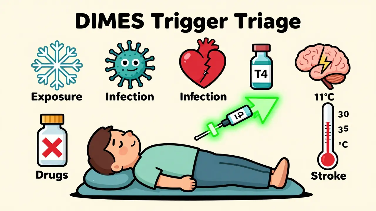 A comatose patient surrounded by five trigger icons — snowflake, bacterium, heart, pill, and brain — with thyroid hormone injection and rising thermometer.