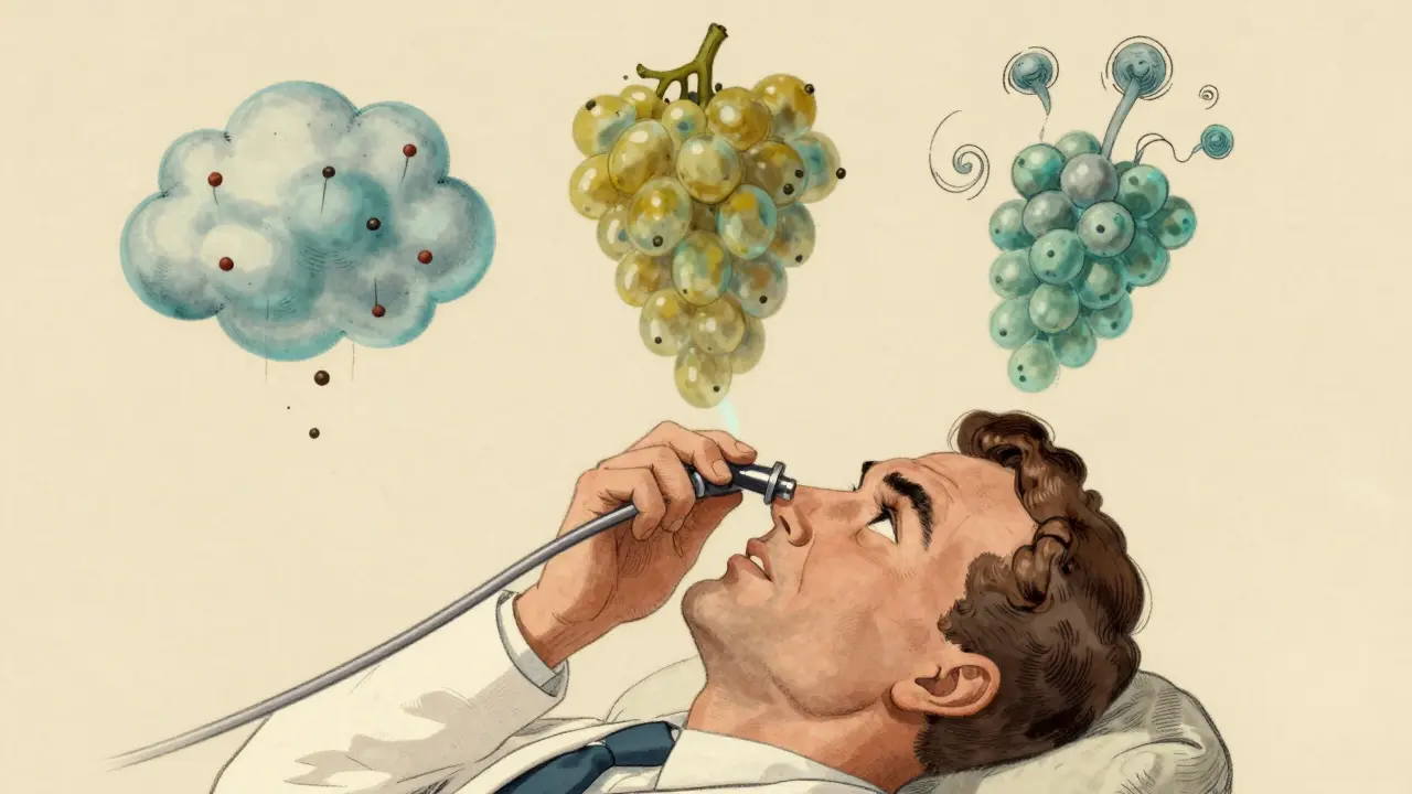 A doctor performing a nasal endoscopy while three types of sinusitis float above the patient as translucent symbols.