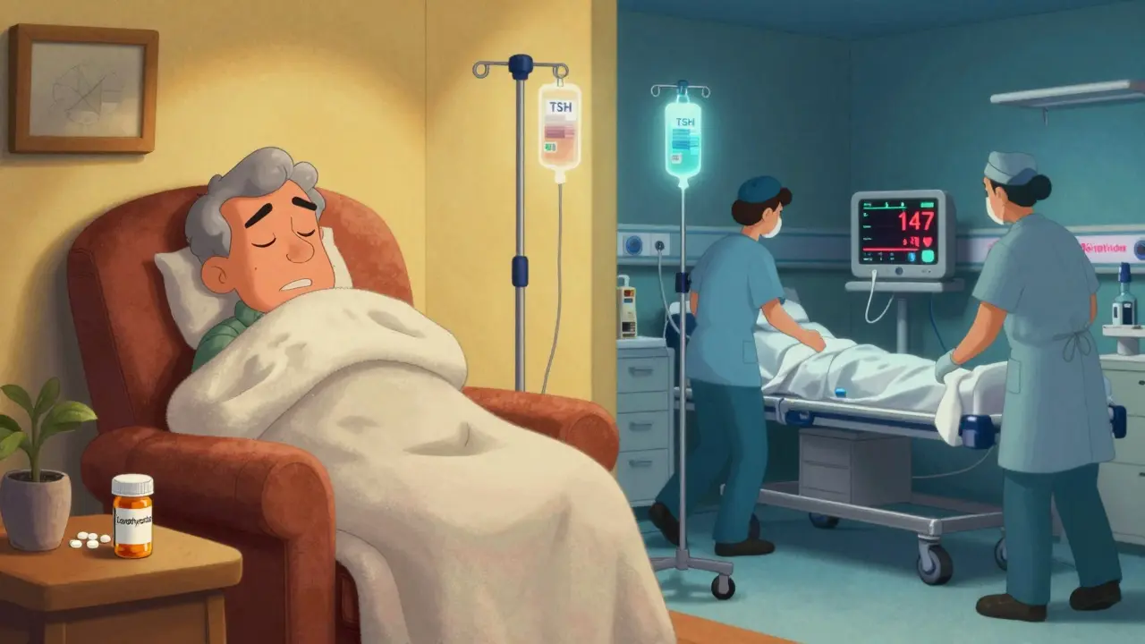 A man shivering at home with empty thyroid medication bottle contrasted with emergency medical team treating him in ER, clock showing critical delay.