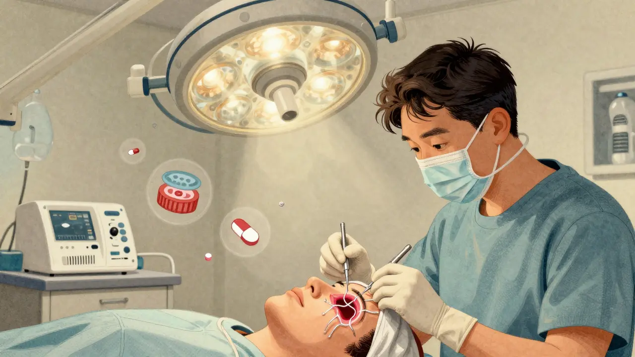 A patient undergoing sinus surgery with tiny instruments clearing blockages and glowing antibodies neutralizing inflammation.