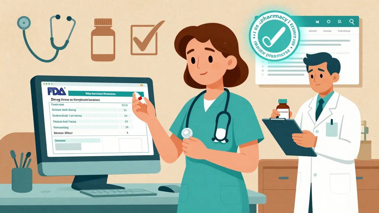 A patient verifying a pill imprint on a computer screen showing the FDA database, while a pharmacist checks a bottle’s lot number.