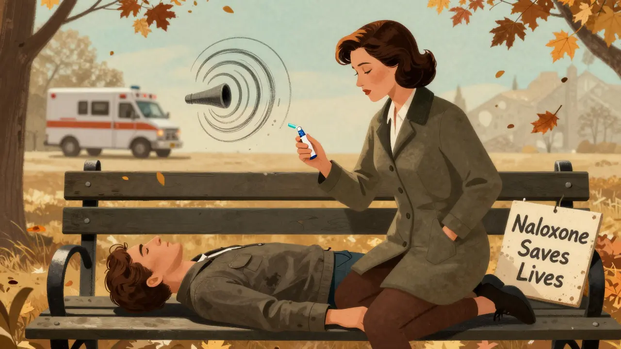 A person in recovery position on a bench while another pulls naloxone from their pocket, surrounded by autumn leaves.