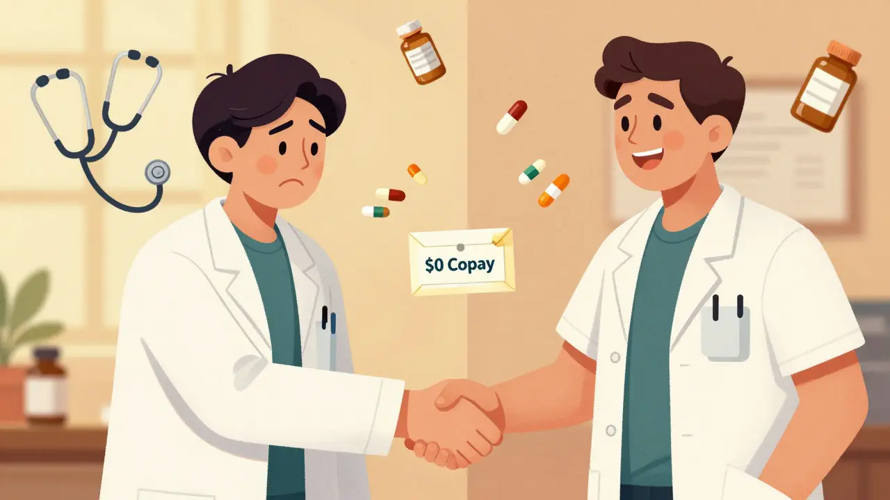 A pharmacist hands a patient an envelope marked '<h2>The Bigger Picture: Cost Savings and Lives Saved</h2> Copay' as a before-and-after graphic shows improved medication adherence.