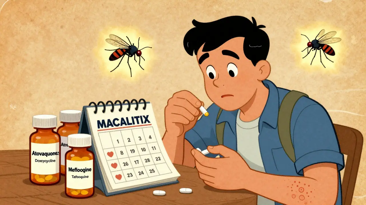 A traveler taking malaria pills with four different medication bottles and a mosquito nearby.