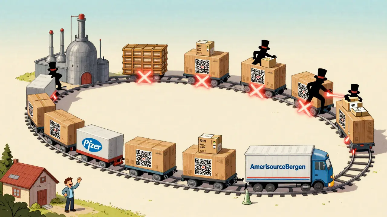 A whimsical train carrying drug packages with glowing QR codes through verified checkpoints, chasing away counterfeiters.