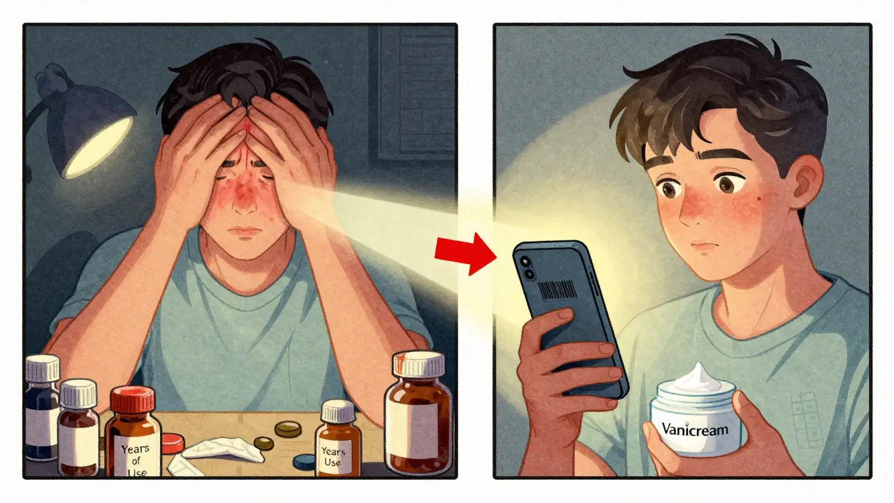 Before and after illustration: chronic rash vs. healed skin, with barcode scanner and simple moisturizer in neo-vintage comic style.