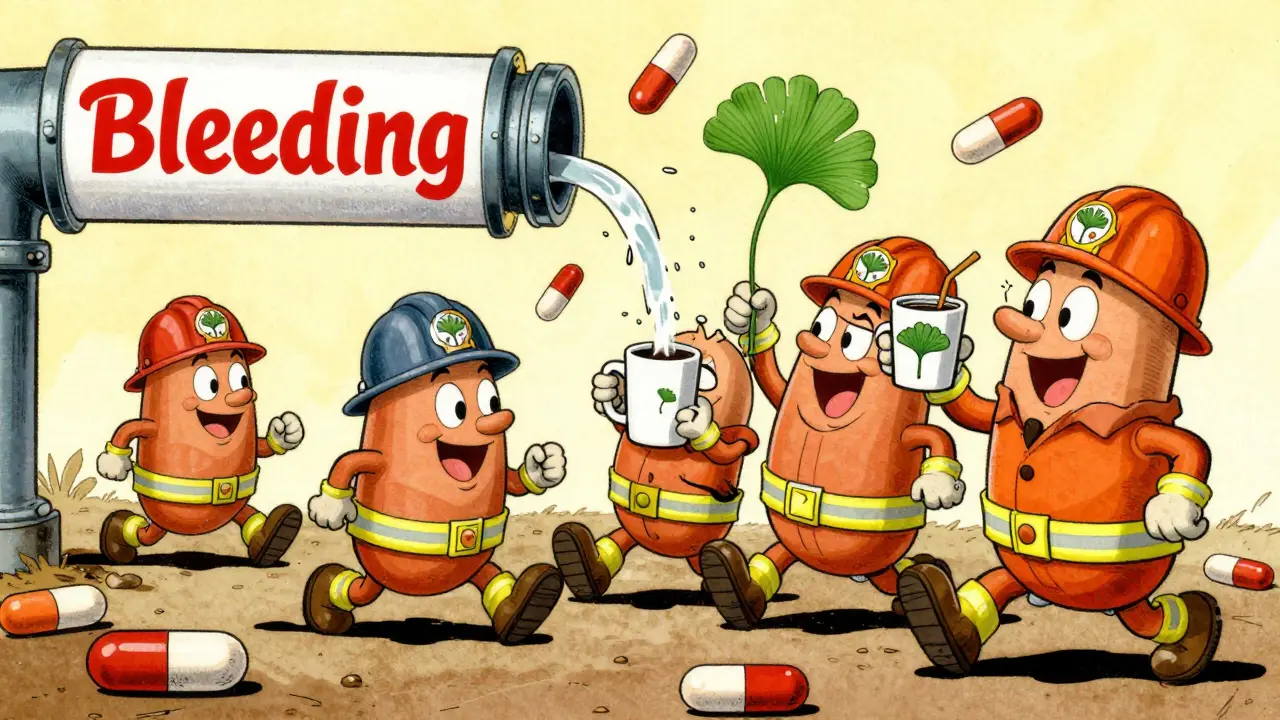 Cartoon platelets taking coffee breaks while trying to stop a bleeding pipe with pills scattered around.