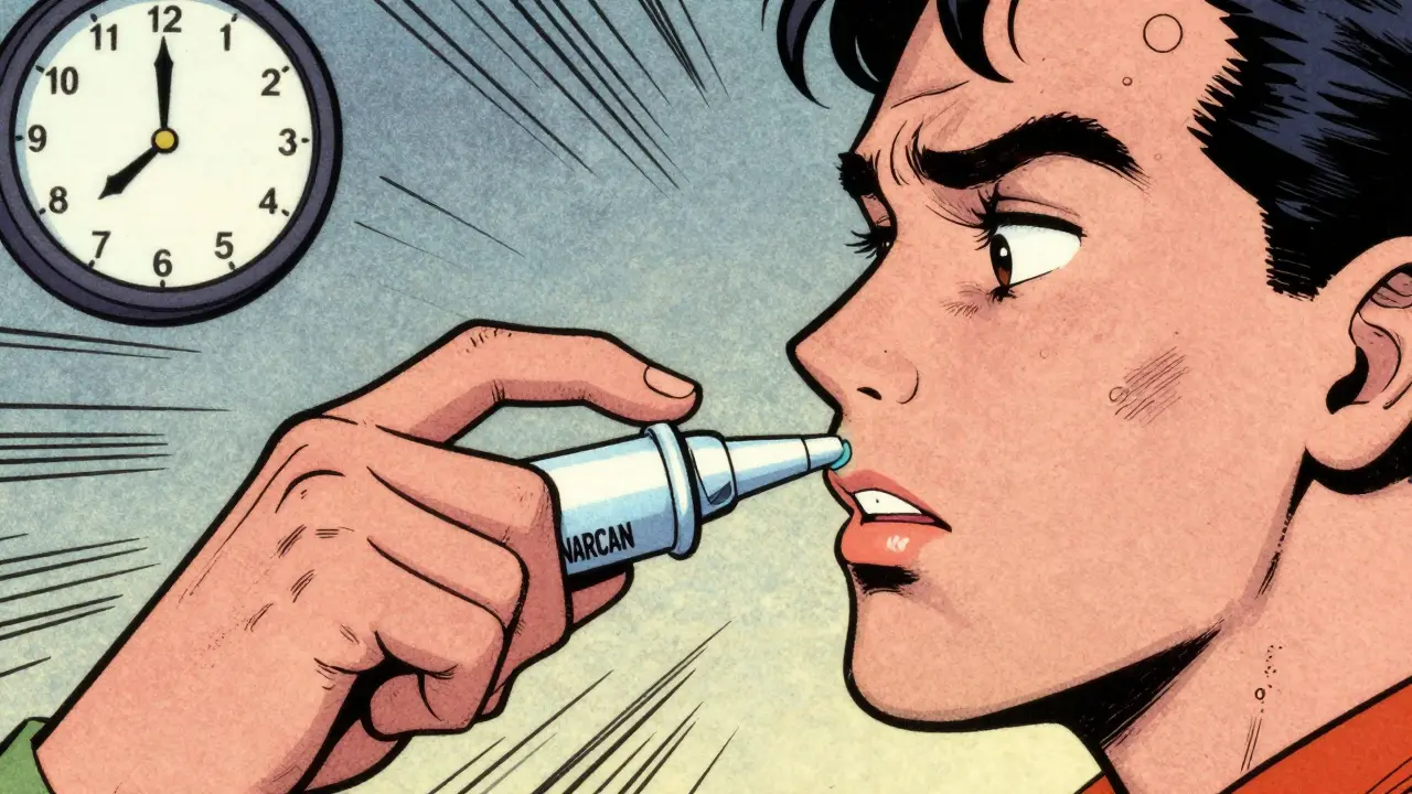 Close-up of a hand pressing a naloxone nasal spray into a person's nostril during an opioid overdose emergency.