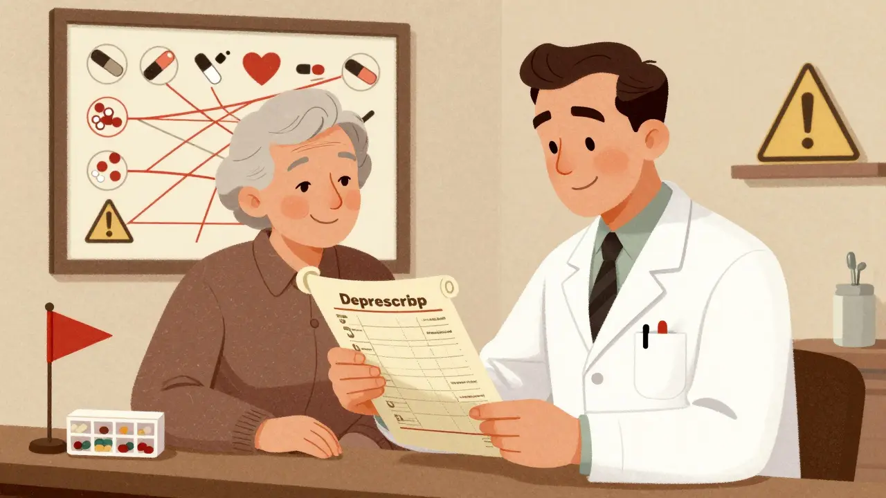 Pharmacist and patient reviewing medication chart together in a retro-style clinic setting.