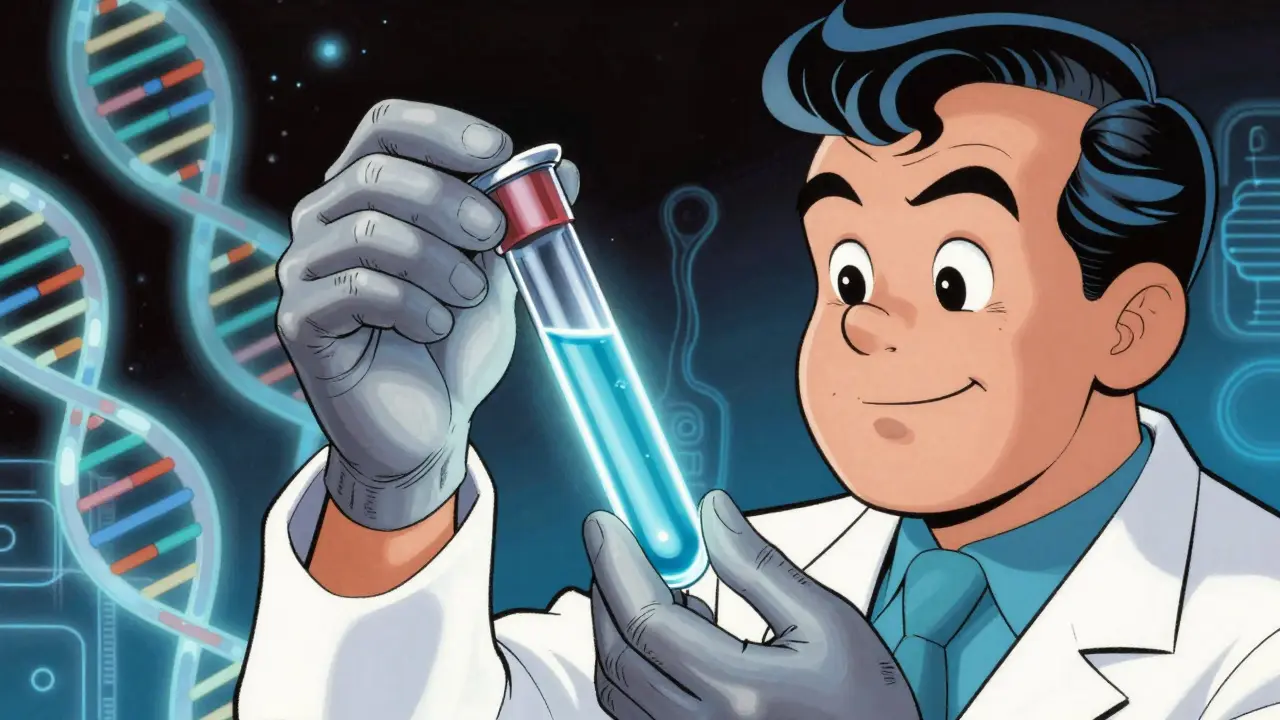 Scientist analyzing liquid biopsy with holographic DNA patterns