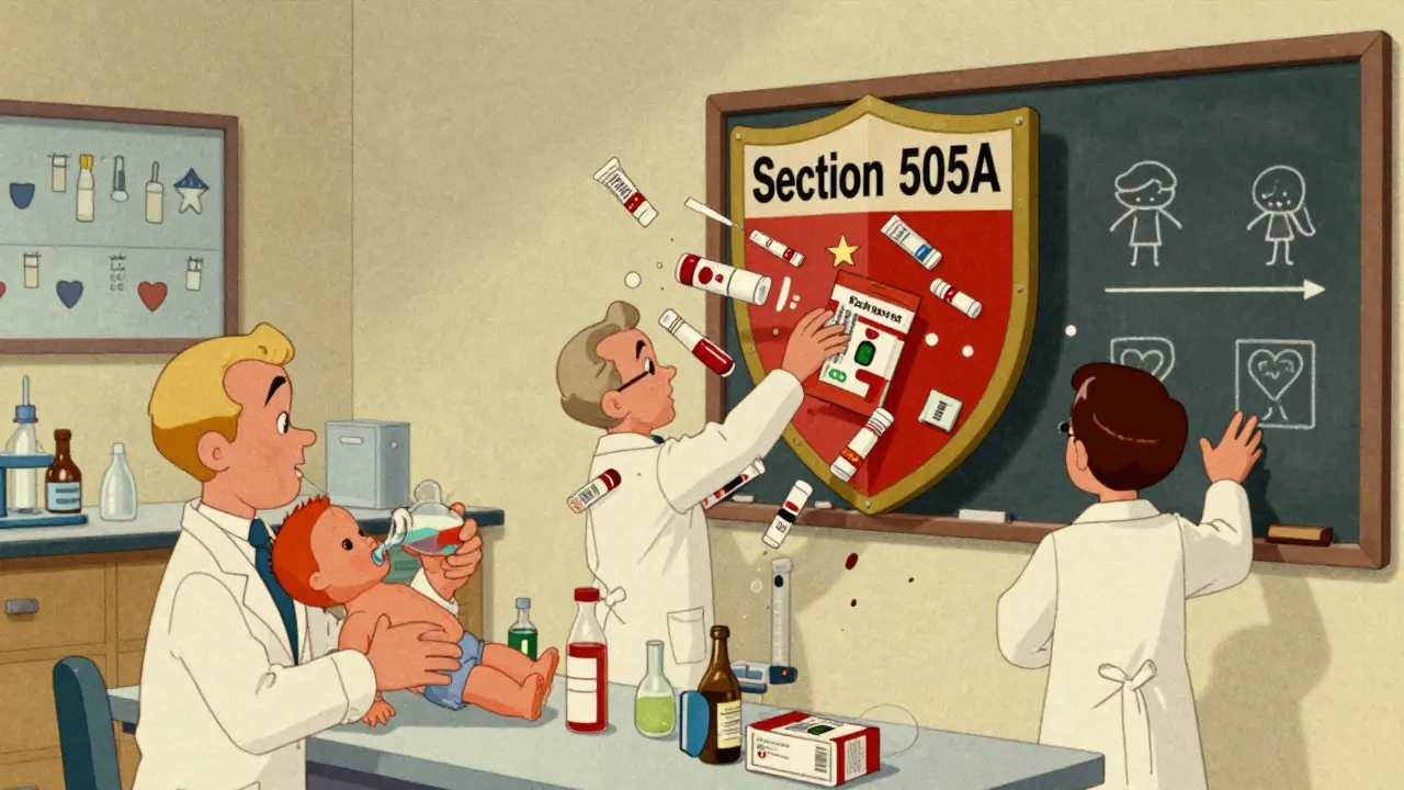 Scientists in retro lab coats conducting pediatric trials, blocked by a regulatory shield labeled Section 505A.