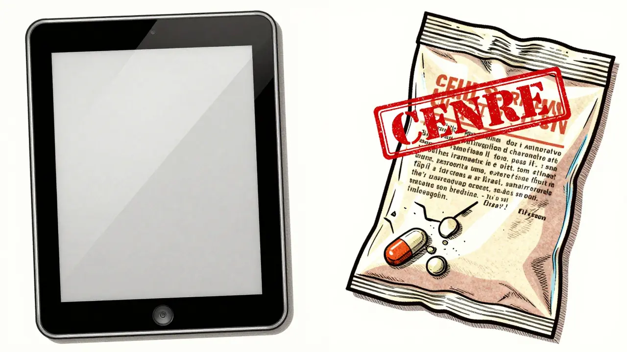 Side-by-side comparison of a legitimate generic pill in professional packaging versus a counterfeit pill in a plastic bag with poor labeling.