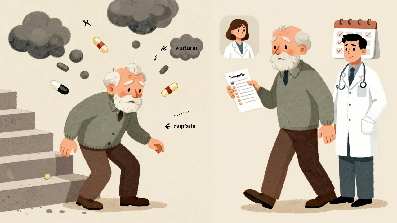 Split image: person stumbling with dangerous pills vs. walking safely with organized meds.